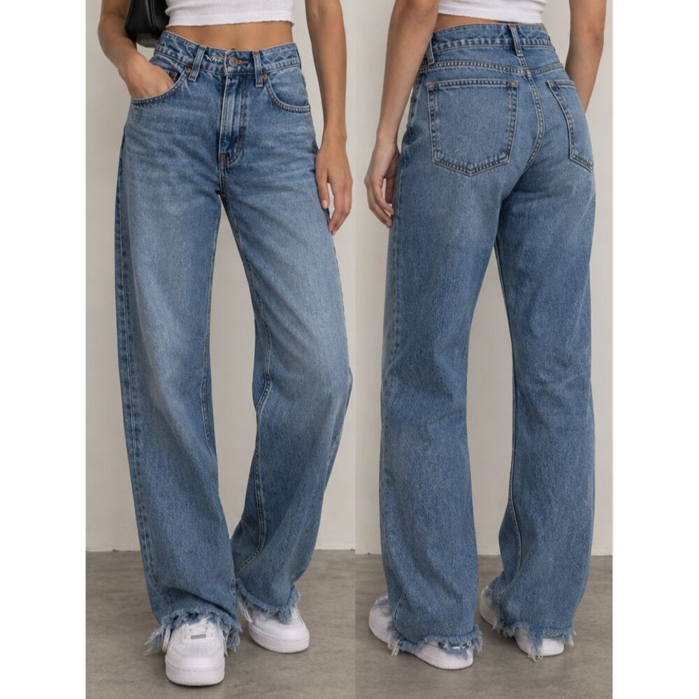 American Eagle Low Rise Baggy Wide Leg Jeans SZ 2 Raw Hem Blue Grunge Y2K Skater